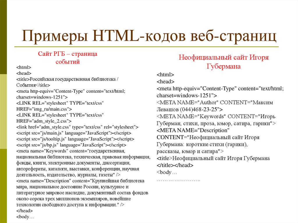 Образцы сайтов html