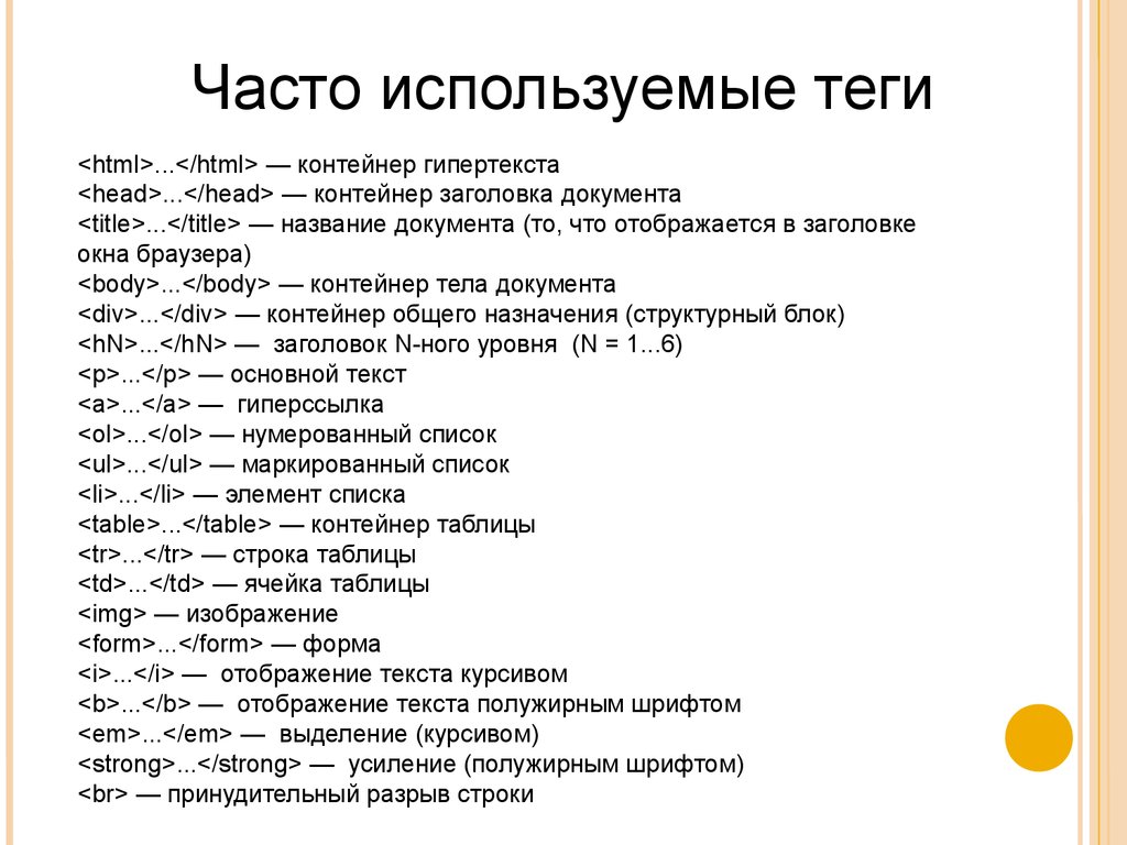 Выберите виды список. Основные Теги языка html. Html Теги список. Базовые Теги html. Теги html и их значение.