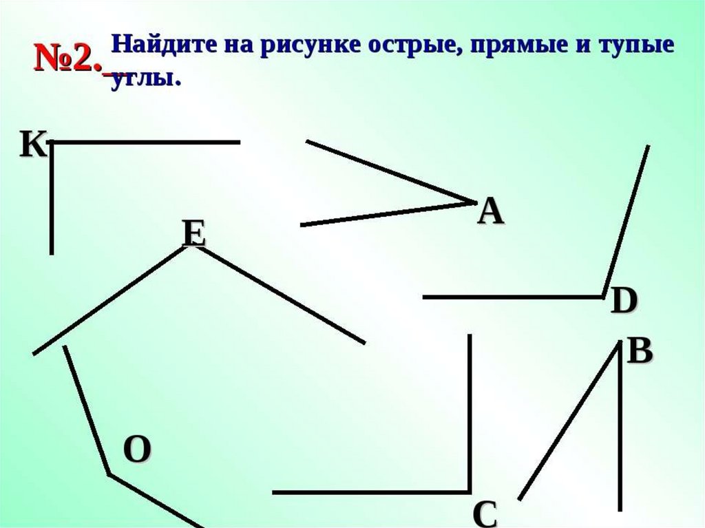 С помощью угольника определи виды углов на чертеже впиши номера углов в соответствующие строчки