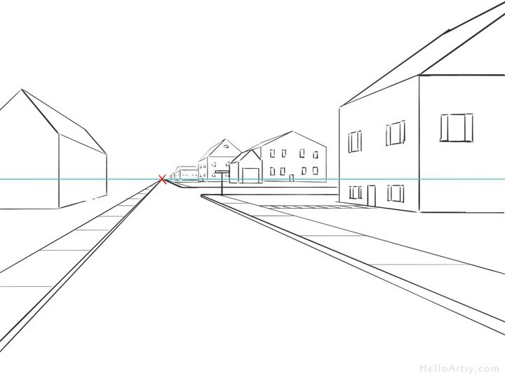 Рисунок дороги и домов в перспективе