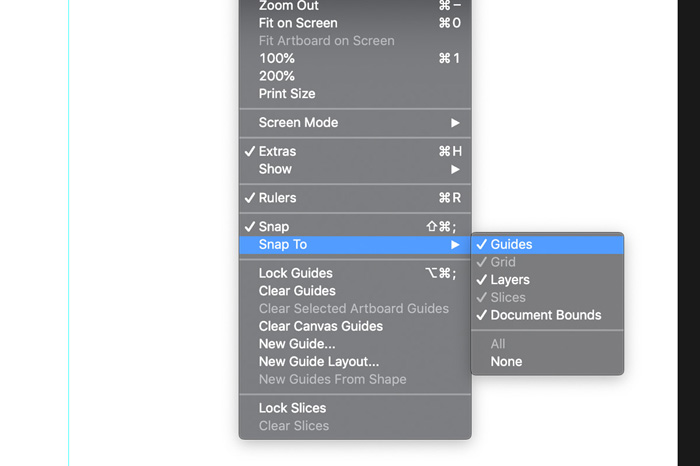 A screenshot showing how to add snapping to a Photoshop guide 