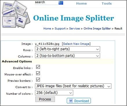 Меню настроек "Online Image Splitter"
