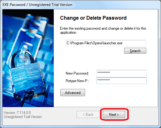Ввод пароля в программе EXE Password  для  Opera