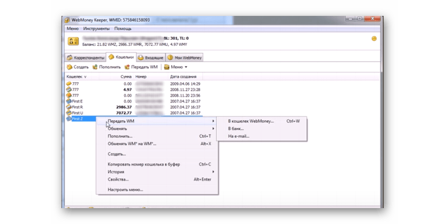 выбор перевода денег в WebMoney Keeper Pro