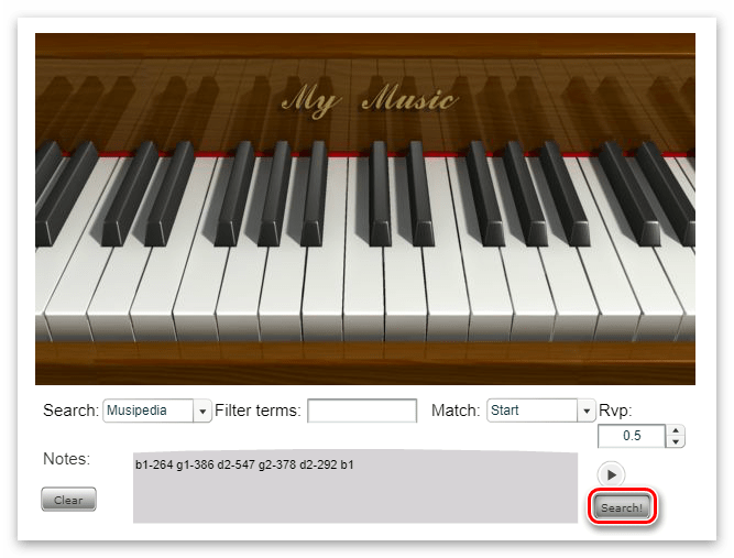 Кнопка поиска композиции при использовании Flash Piano на сайте Musipedia