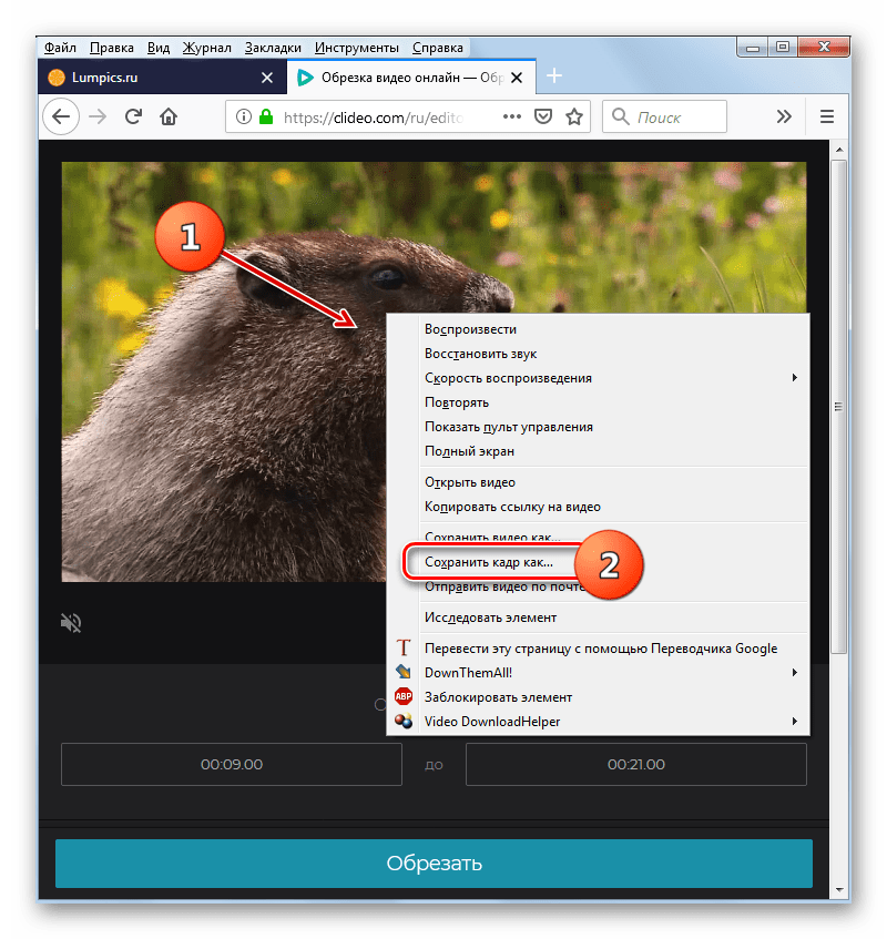 Переход к сохранению кадра видеоролика через контекстное меню на сервисе Clideo в веб-обозревателе Mozilla Firefox