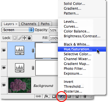 Choosing a Hue/Saturation adjustment layer in Photoshop. Image © 2009 Photoshop Essentials.com.