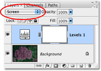 The Layers palette in Photoshop showing the Levels adjustment layer set to the Screen blend mode. Image © 2009 Photoshop Essentials.com.