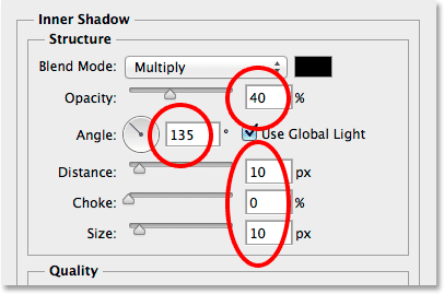 The Inner Shadow options in the Layer Style dialog box.
