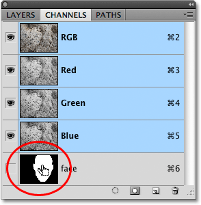 Loading a selection from the Channels panel in Photoshop.