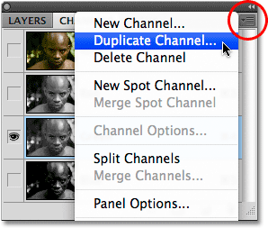 Selecting the Duplicate Channel option in Photoshop.