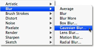 Selecting the Gaussian filter in Photoshop.