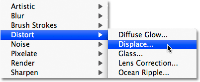 Selecting the Displace filter in Photoshop.