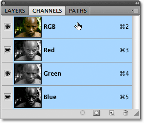 Selecting the RGB channel in Photoshop.