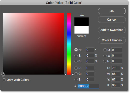 Choosing black in the Color Picker as the new background color for the image in text effect