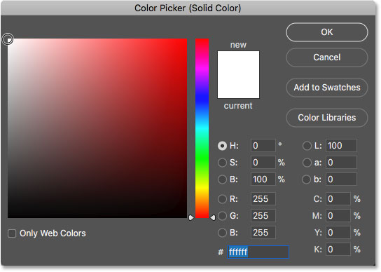 Choosing white in the Color Picker in Photoshop