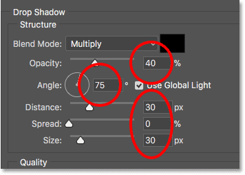 Setting the Drop Shadow options in the Layer Style dialog box