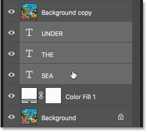 Selecting all Type layers so we can place them inside a layer group