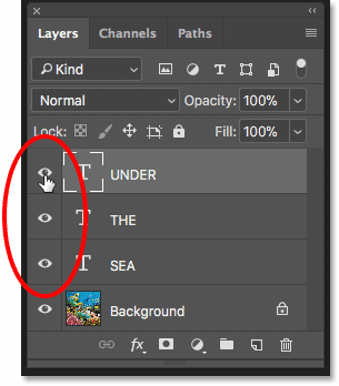 Turning on three Type layers in the Layers panel in Photoshop