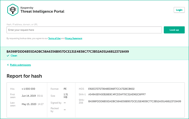 Результат проверки на вирусы в Kaspersky Threat Intelligence Portal