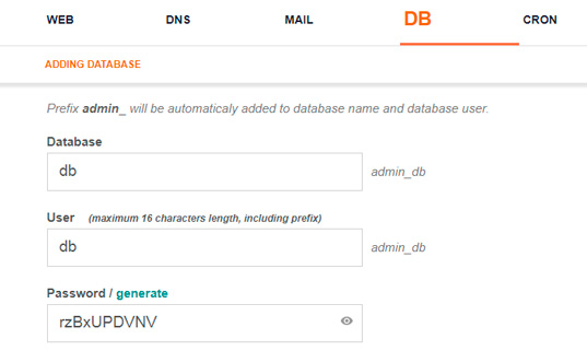 Vesta создание пользователя базы данных