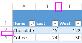 double lines between rows and columns indicate hidden rows or columns