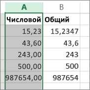 пример того, как числа отображаются при использовании форматов "Общий" и "Числовой"