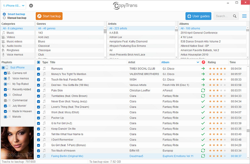 main copytrans window with iphone tracks and playlists in view