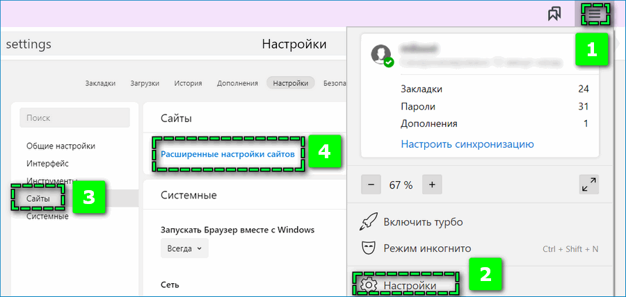Расширенные настройки сайтов Я.браузера