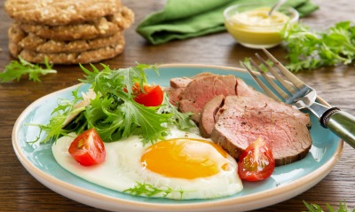 завтрак яичница мясо зелень тарелка вилка